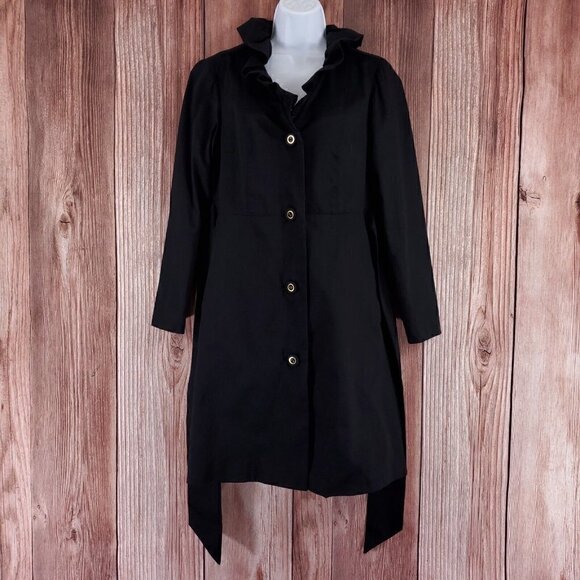 Lilly Pulitzer Size 4 Kelli Black Long Belted Trench Coat Jacket Ruffles Collar - Picture 2 of 16